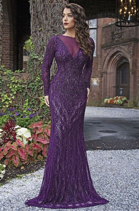 purple long sleeve evening gown